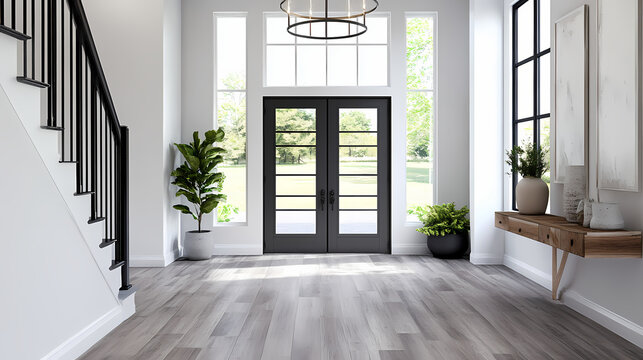Modern farmhouse foyer with gray lvp flooring. Verdure. Illustration