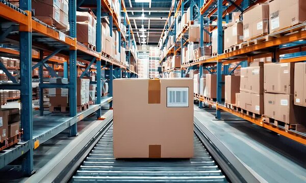 A conveyor belt transporting a cardboard box in a warehouse filled with stacked boxes on shelves.