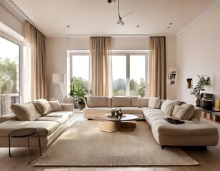 Modern Minimalist Living Room Interior Design with Beige Sofa and Large Windows Offering Natural Light