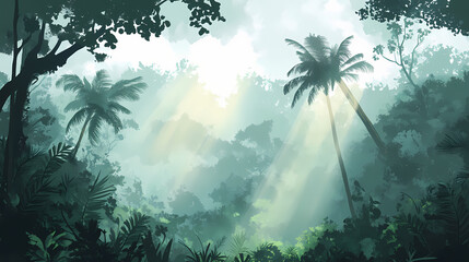 Naklejka premium Moody morning atmosphere with misty fog wrapping around leafy trees, creating an air of mystery and enchantment in the dense forest landscape. Verdure. Illustration