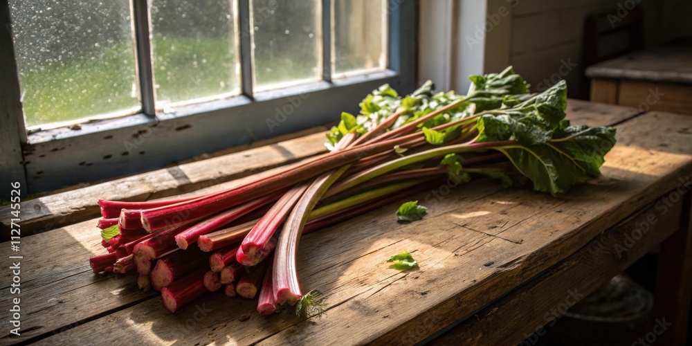 Poster a bundle of fresh rhubarb stalks rests on a rustic wooden table in the warm sunlight streaming throu