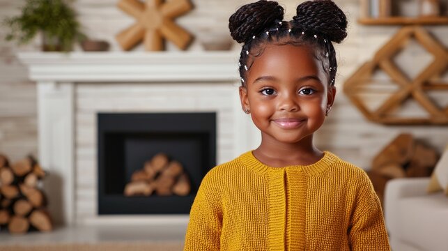 A cheerful girl with braided hair smiles in a cozy room, wearing a warm yellow sweater, with a fireplace and decorative elements in the background.