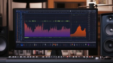 Audio waveform display, studio monitors, mixing console.