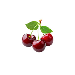 Three fresh cherries with leaves on stems, isolated on white background.