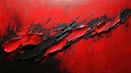 Vibrant Abstract Red and Black Tempera Painting with Dynamic Brush Strokes and Textured Finish