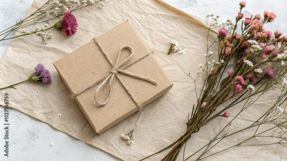 Poster a simple and elegant gift box tied with twine and surrounded by delicate dried flowers on a crumpled