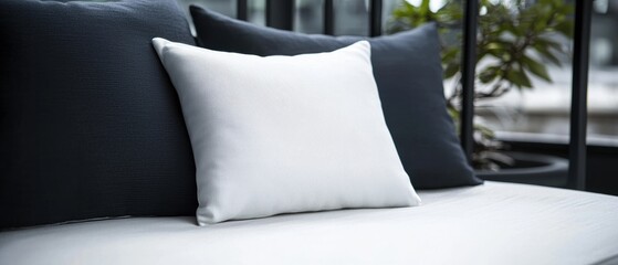 Close-up of a white cushion on a black sofa. the cushion is square in shape and appears to be made of a soft, textured fabric.