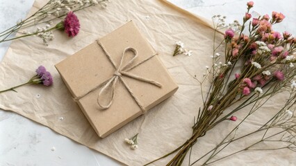 Obraz premium A simple and elegant gift box tied with twine and surrounded by delicate dried flowers on a crumpled beige background