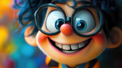 Joyful Cartoon Character with Glasses on Colorful Background