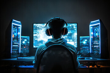 Fototapeta premium A boy playing in his game room. Created with generative AI technology.