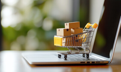 Miniature shopping cart filled with small packages placed on a laptop, symbolizing online shopping and e-commerce
