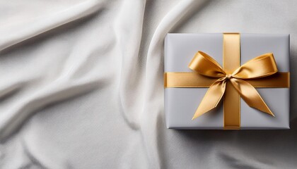 Gray Gift Box with Gold Ribbon on Fabric Background. Top View of Teacher Day Gifts with Copy Space