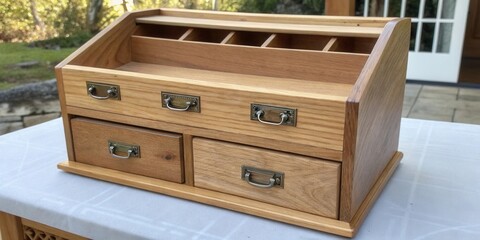 A handcrafted wooden organizer featuring multiple drawers and compartments, perfect for storing and organizing various items