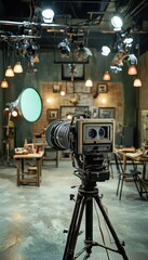 A vintage camera setup in a studio with lights and props for a creative shoot.