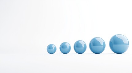 A minimalist image featuring five glossy blue spheres of varying sizes arranged in a row against a simple white background.