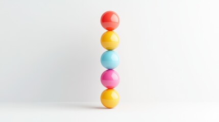 A colorful stack of five spherical objects arranged vertically against a white background, showcasing vibrant hues.