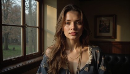Portrait of a woman in soft natural light sitting near a window in a cozy interior