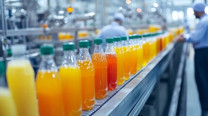 Automated Beverage Production Line - Colorful Bottles in Motion