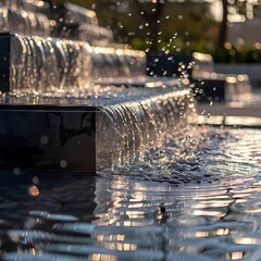 Sunlit Cascading Water on Modern Fountain