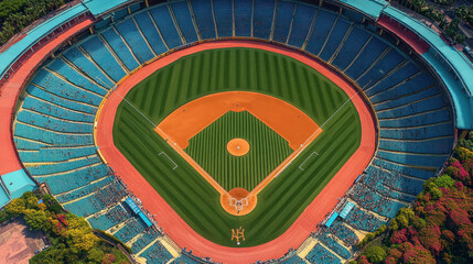 Aerial photo of a baseball stadium, highlighting the symmetry of the field and crowd energy