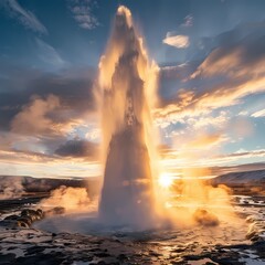 Majestic Geyser Eruption at Sunset