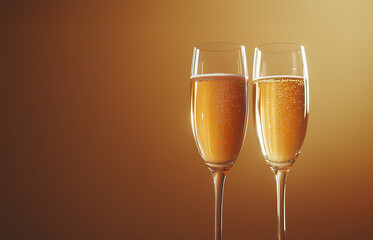 Champagne flutes against a gold coloured background filled with sparkling champagne.