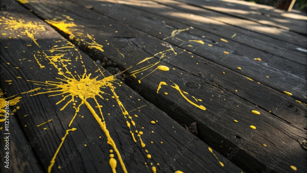 Poster yellow paint splatters on a weathered wooden surface, a stark contrast of color and texture.