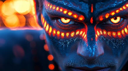 Close-up portrait of a man with fiery, glowing body paint.
