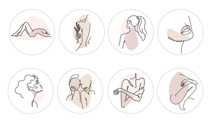 A set of aesthetic highlights in line art style for a women's spa. Vector illustration.