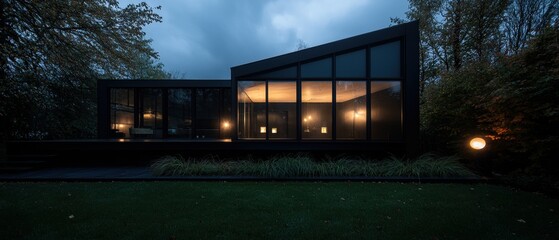 Fototapeta premium Modern house in the woods at night. the house is a two-story building with a black exterior and large glass windows that allow natural light to enter the space.