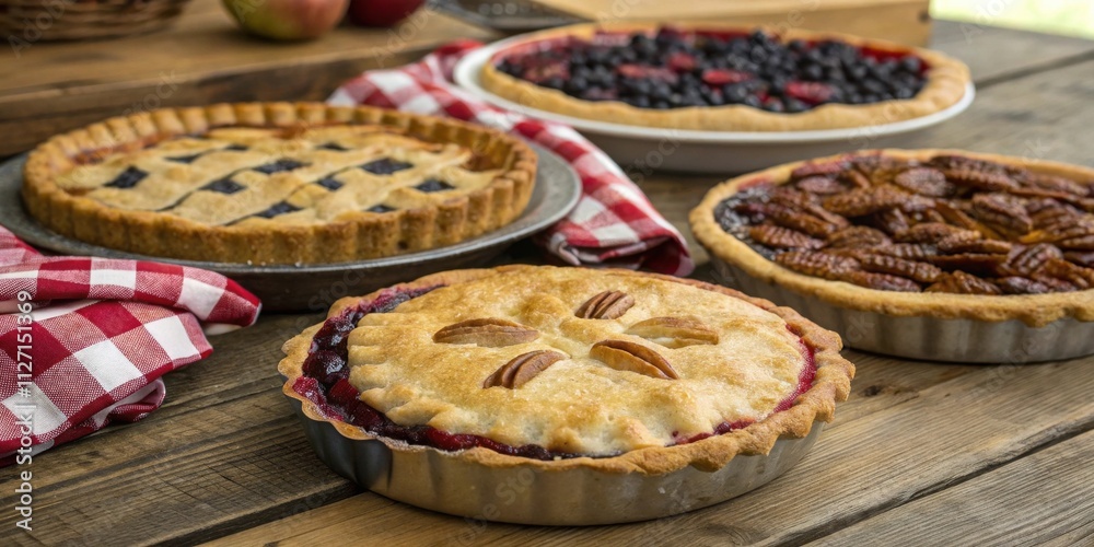 Poster a rustic table setting with a variety of homemade pies, featuring a checkered tablecloth and golden 