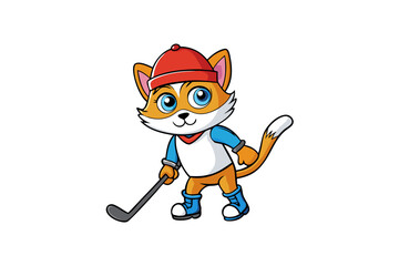 A cute cat wearing a cap playing hockey vector art illustration