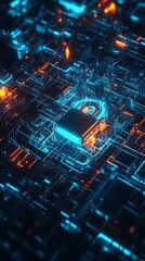 A digital representation of cybersecurity with a glowing padlock amidst circuit patterns.