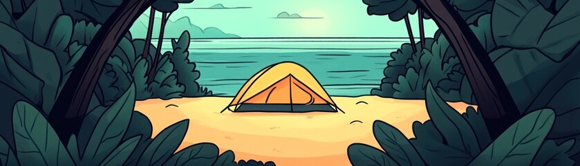 A serene beach scene featuring a yellow tent surrounded by lush greenery and ocean views.