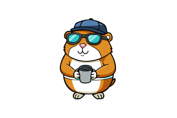 A guinea pig wearing sunglass with coffee cup vector art illustration