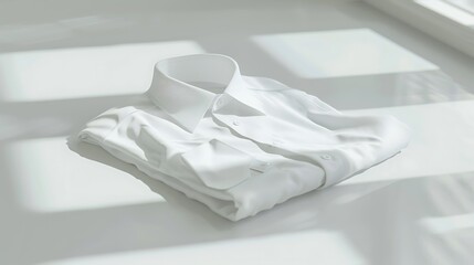 A crisp white shirt folded neatly, placed on a clean white surface.