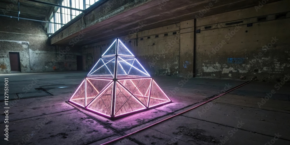 Poster A luminous pyramid, constructed from a network of glowing lines, stands illuminated in the center of a vast, abandoned industrial space.