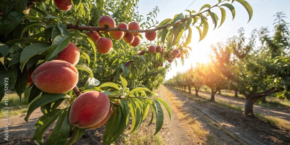 Aufkleber a close-up view of ripe peaches hanging from a branch in an orchard, the setting sun casting a warm 