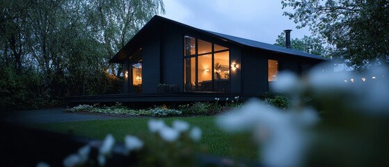 Modern black house with a sloping roof and large windows. the house is surrounded by trees and greenery, and the sky is dark, indicating that it is either dusk or early morning.