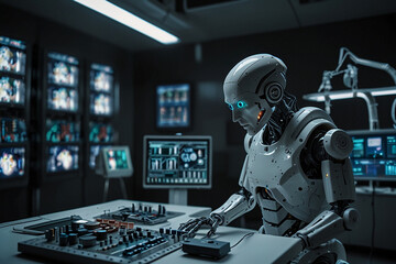 A Robot Performing Complex Data Visualization With Neural Networks In A Modern Operating Room Accompanied By Advanced Electronic Equipment
