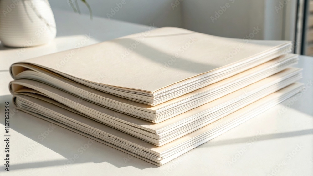 Aufkleber a stack of blank books sits on a white surface bathed in soft, natural light, presenting a clean and