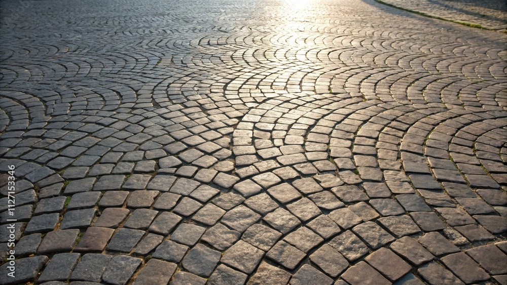 Poster a cobblestone pathway curves gently, its surface bathed in the golden glow of the setting sun. the s