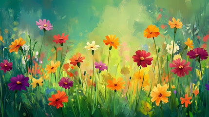 Naklejka premium Close-up of colorful spring flowers in full bloom in a park, vibrant colors, green background, spring flowers, nature beauty, vibrant colors. Verdure. Illustration