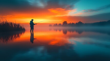 Fototapeta premium Fisherman silhouette casting a line into a reflective gradient lake