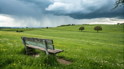 A weathered wooden bench sits in a grassy field with a rolling green landscape under a dramatic stormy sky, rain falling in the distance.
