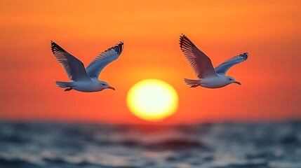 Fototapeta premium Seagull flying silhouette with a bright coastal gradient background