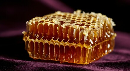 Macro Shot of Honeycomb: Intricate Hexagonal Pattern with Golden Honey Against Dark Velvet