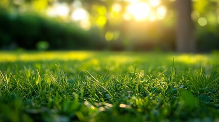 Naklejka premium Close-up vibrant green grass, sunlit background.
