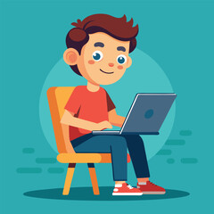 a boy is using his laptop vector