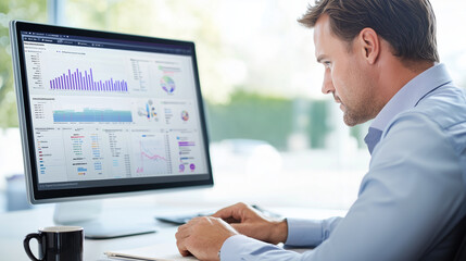 Naklejka premium Professional Man Analyzing Data at Modern Workstation